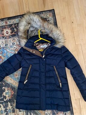 Nine West Navy Quilted Puffer Coat with Faux Fur Trim